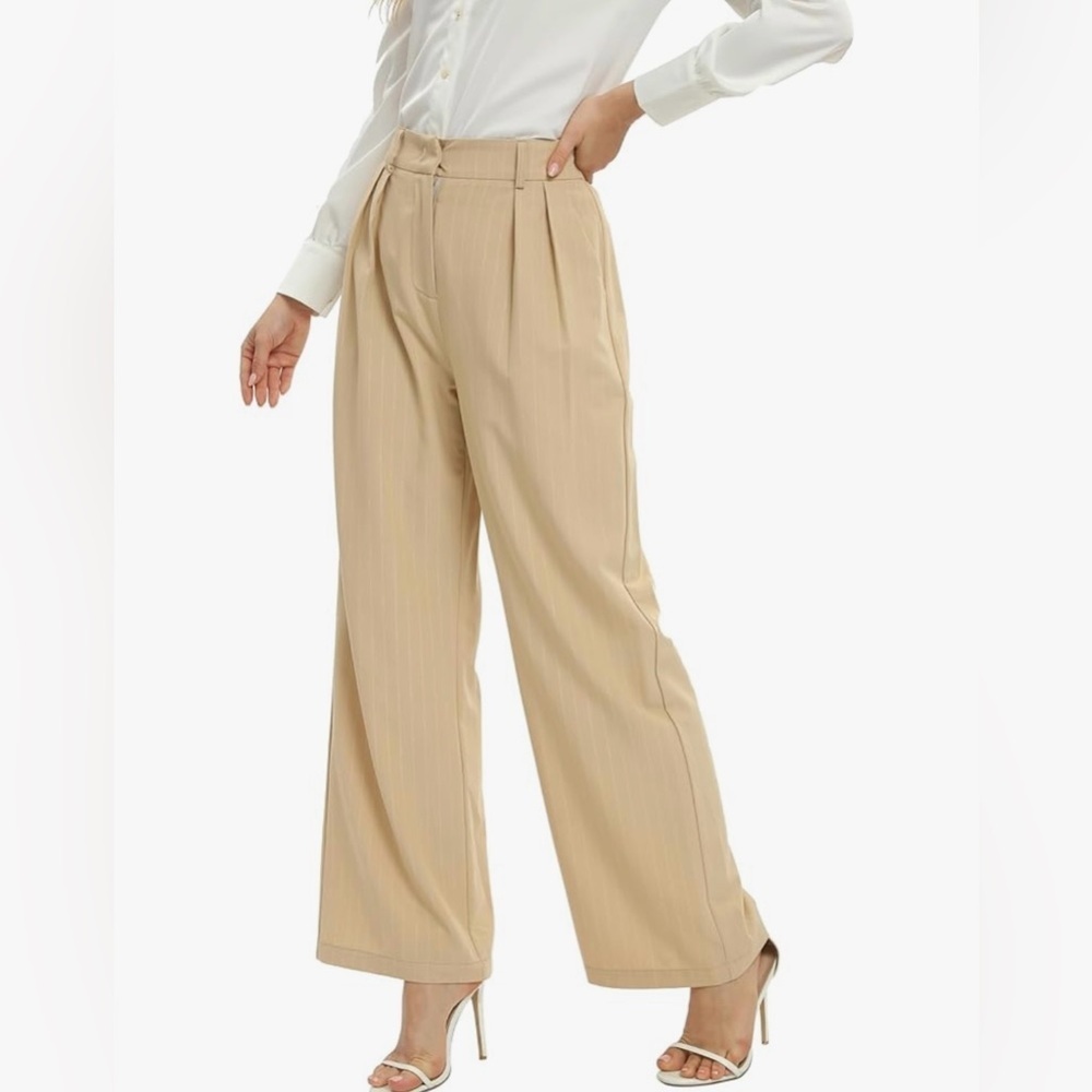 Decivi High Waisted Elastic Back Wide Leg Pleated Work Pants, Beige & Wh…